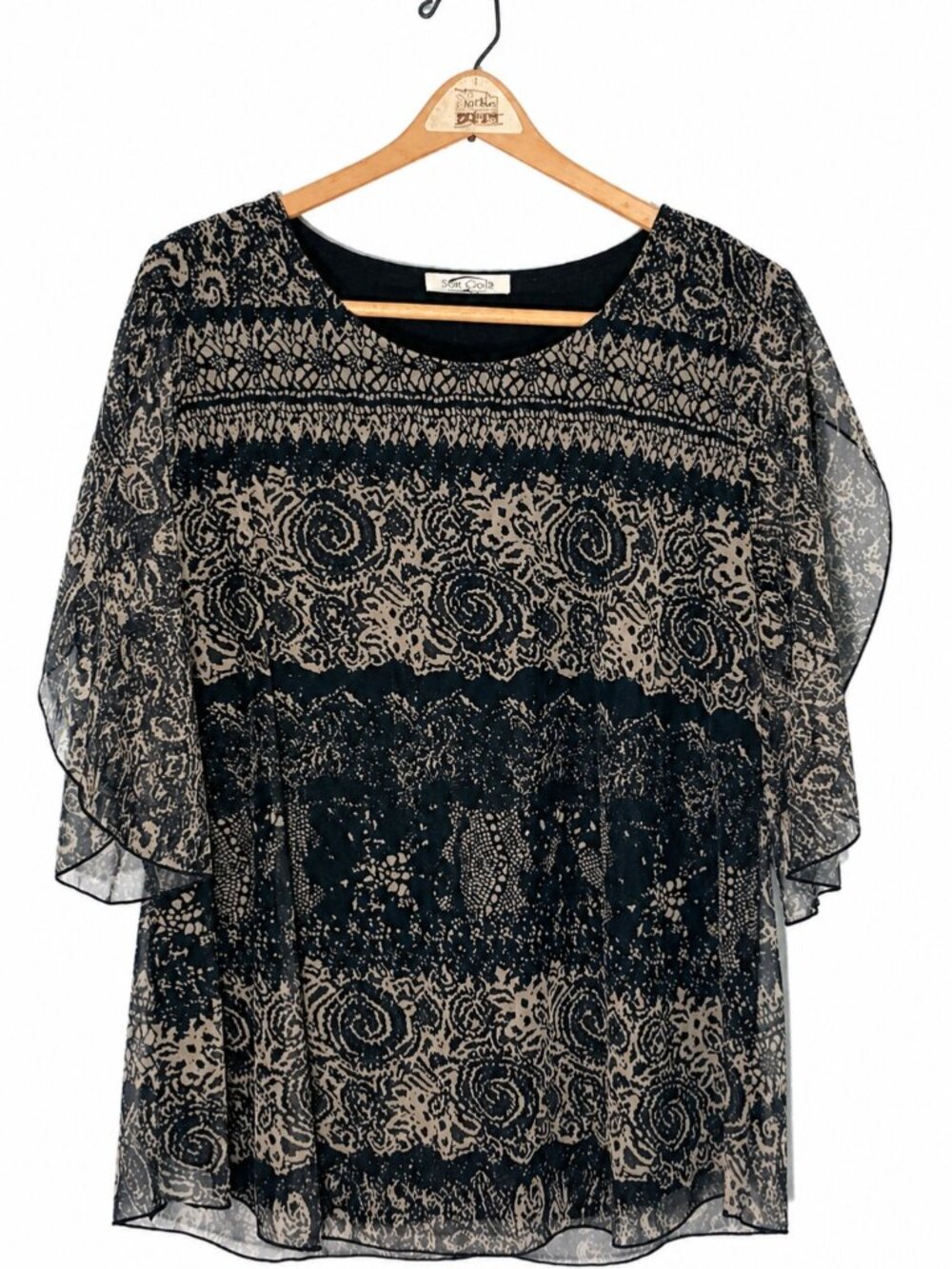 Soft Gold Womens Sheer Black & Beige Floral Print Blouse With Flutter Sleeves Si